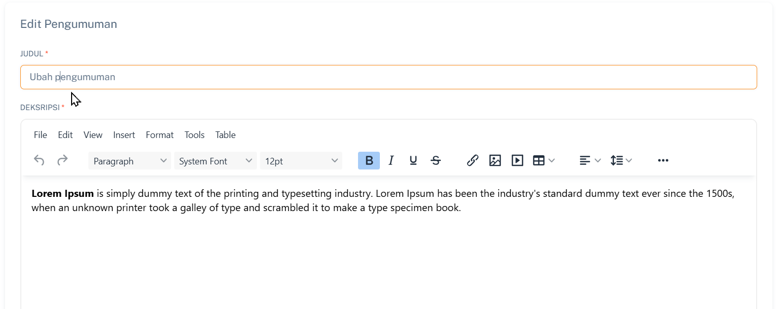 Halaman Edit Pengumuman