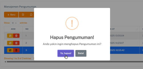 Halaman Hapus Pengumuman