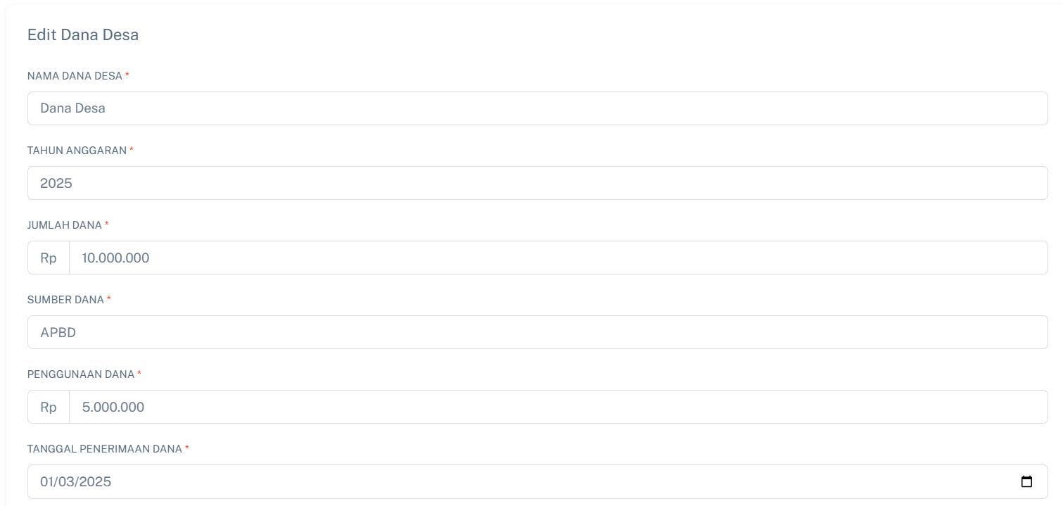 Halaman Edit Dana Desa